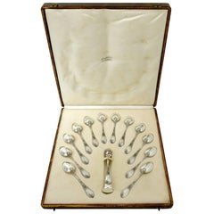Antique Puiforcat Rare French Sterling Silver Tea Spoons Set with Sugar Tongs, box, Iris
