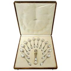 Puiforcat Rare French Sterling Silver Tea Spoons Set with Sugar Tongs, box, Iris 12
