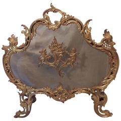 Wonderful French Doré Bronze Fire Place Screen Cherubs Filigree Firescreen