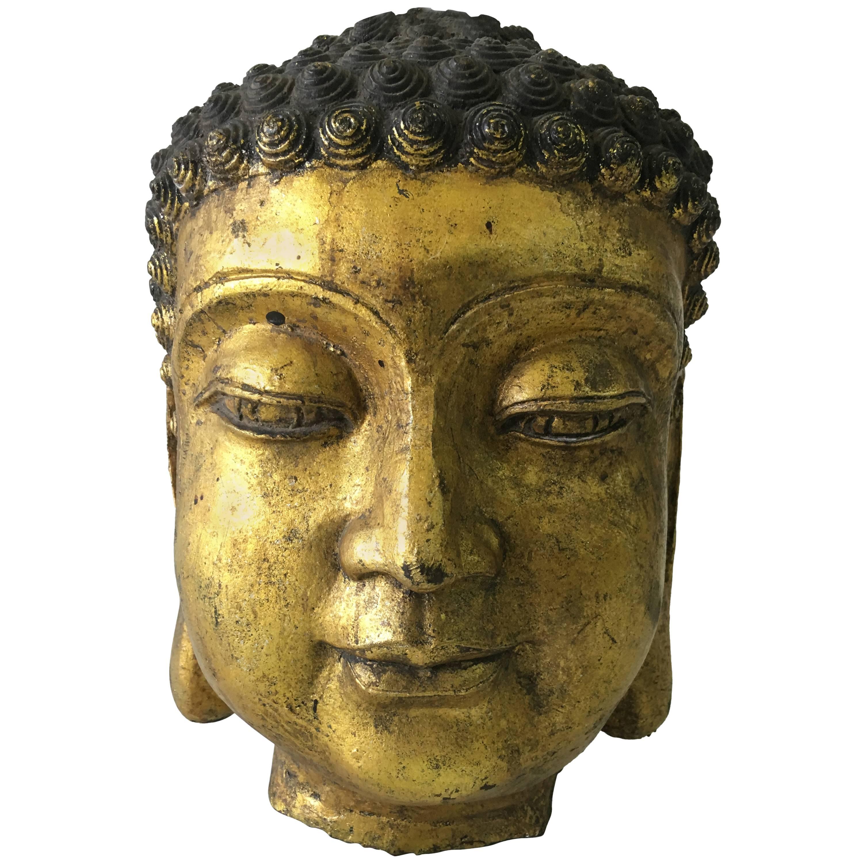 Exceptionally Detailed Oversized Gilt Bronze Buddha Head Sculpture