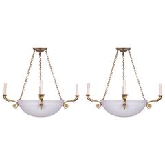 Pair of Empire Style Brass and Opaque Glass Electrified Chandeliers