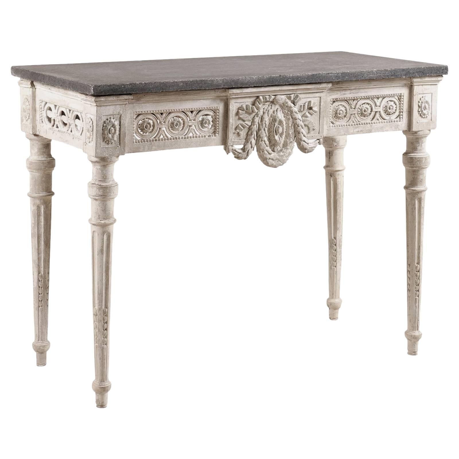 Swedish Period Gustavian Console Table with Carved Wood and Granite Table