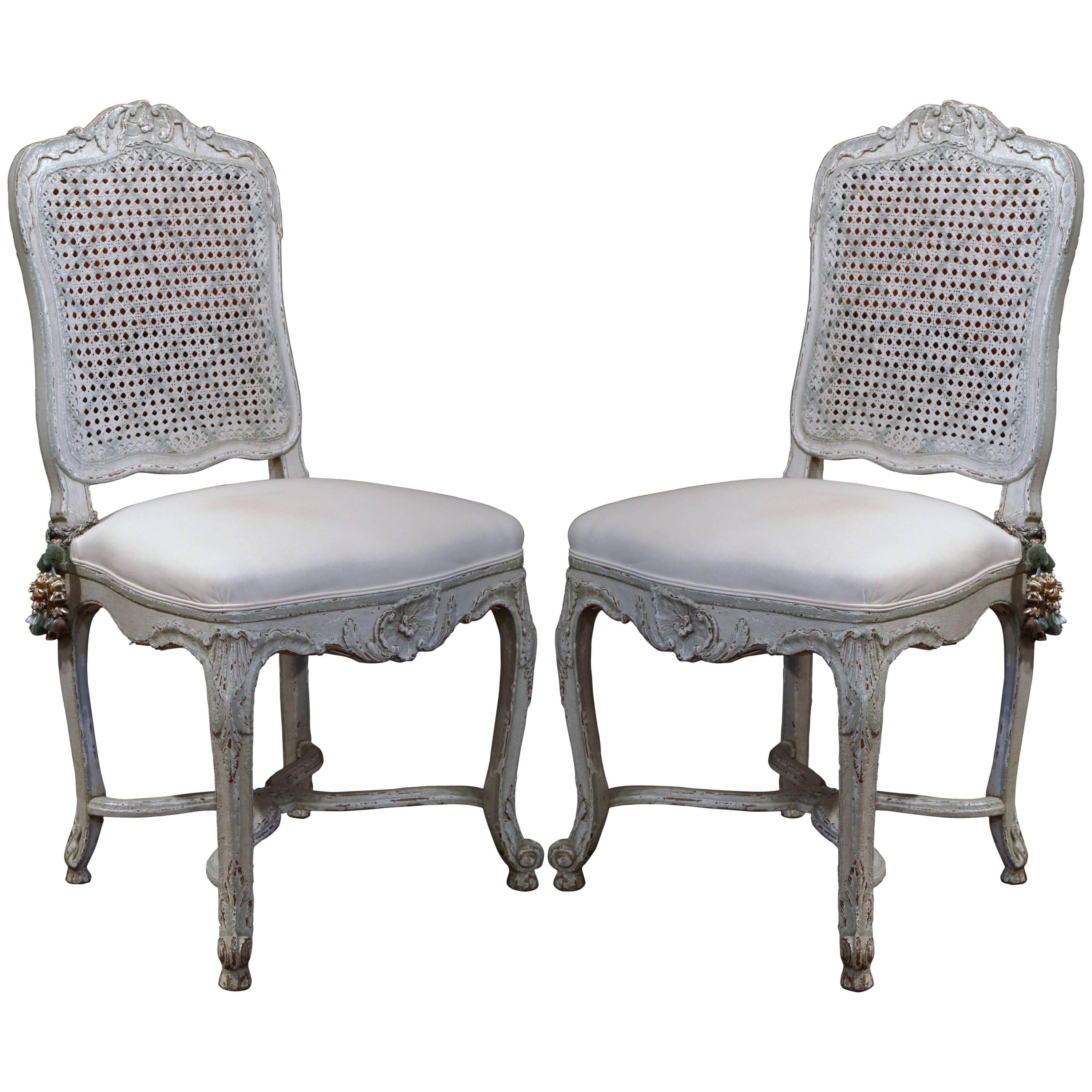 Pair of 19th Century French Louis XV Gray Painted Side Chairs with Cane Back
