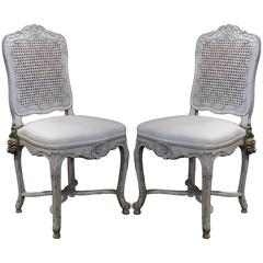 Antique Pair of 19th Century French Louis XV Gray Painted Side Chairs with Cane Back