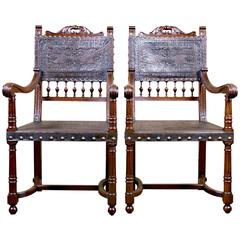 Pair of Mid-19th Century French Renaissance Henri II Leather Fauteuils