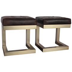 Modern Leather and Brass Ottomans