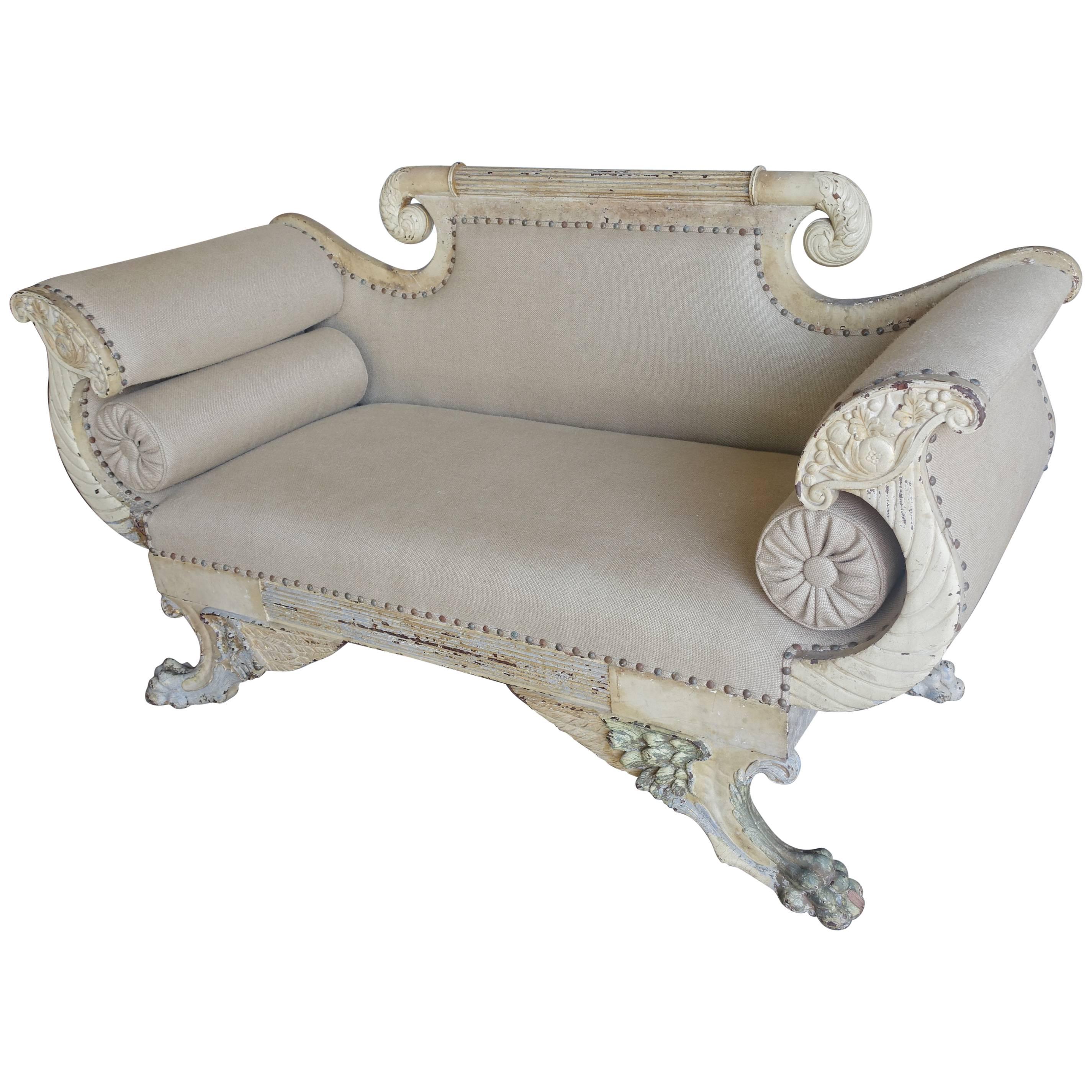 19th Century Italian Painted Carved Settee with Bolsters