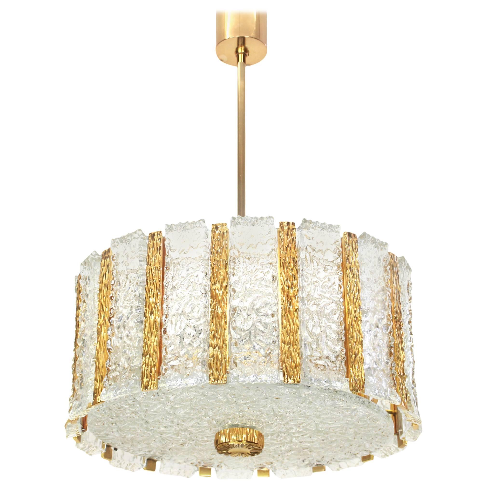 Kalmar Chandelier in Drum Form, Gilt Brass and Glass, Austria, 1960s