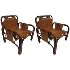 Pair Italian Mid-Century Modern Bamboo and Leather Lounge Chairs by Bonacina, 2