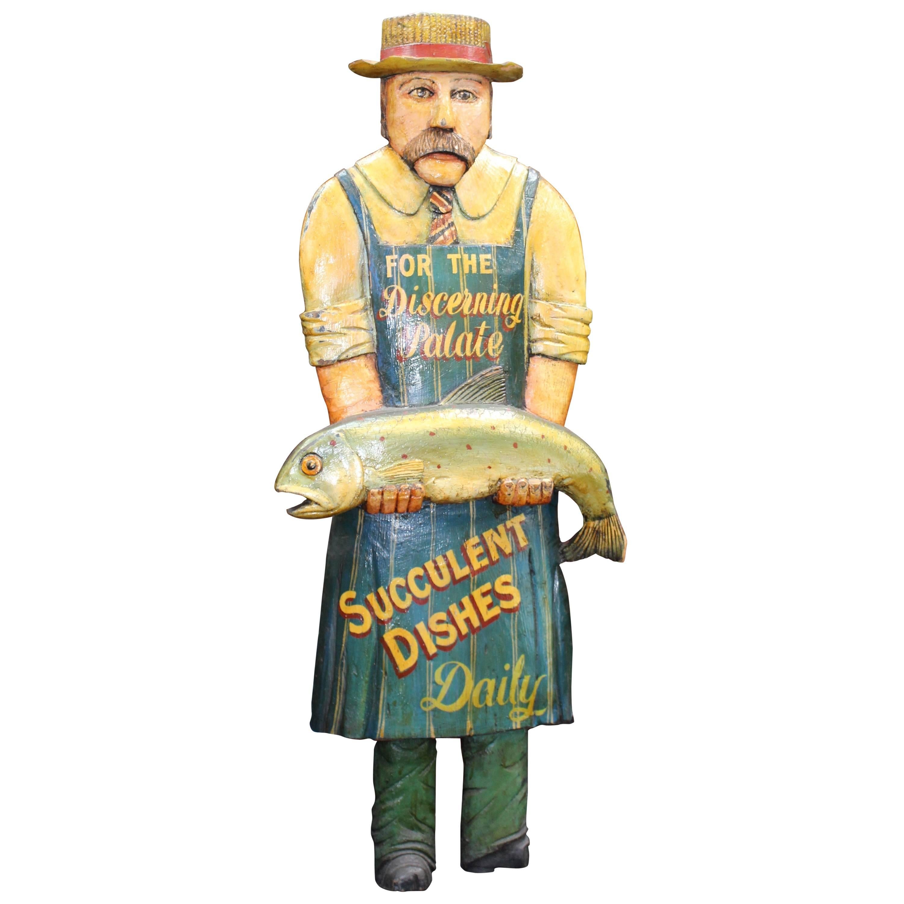 Hand-Carved Painted Fishmonger Sign Display