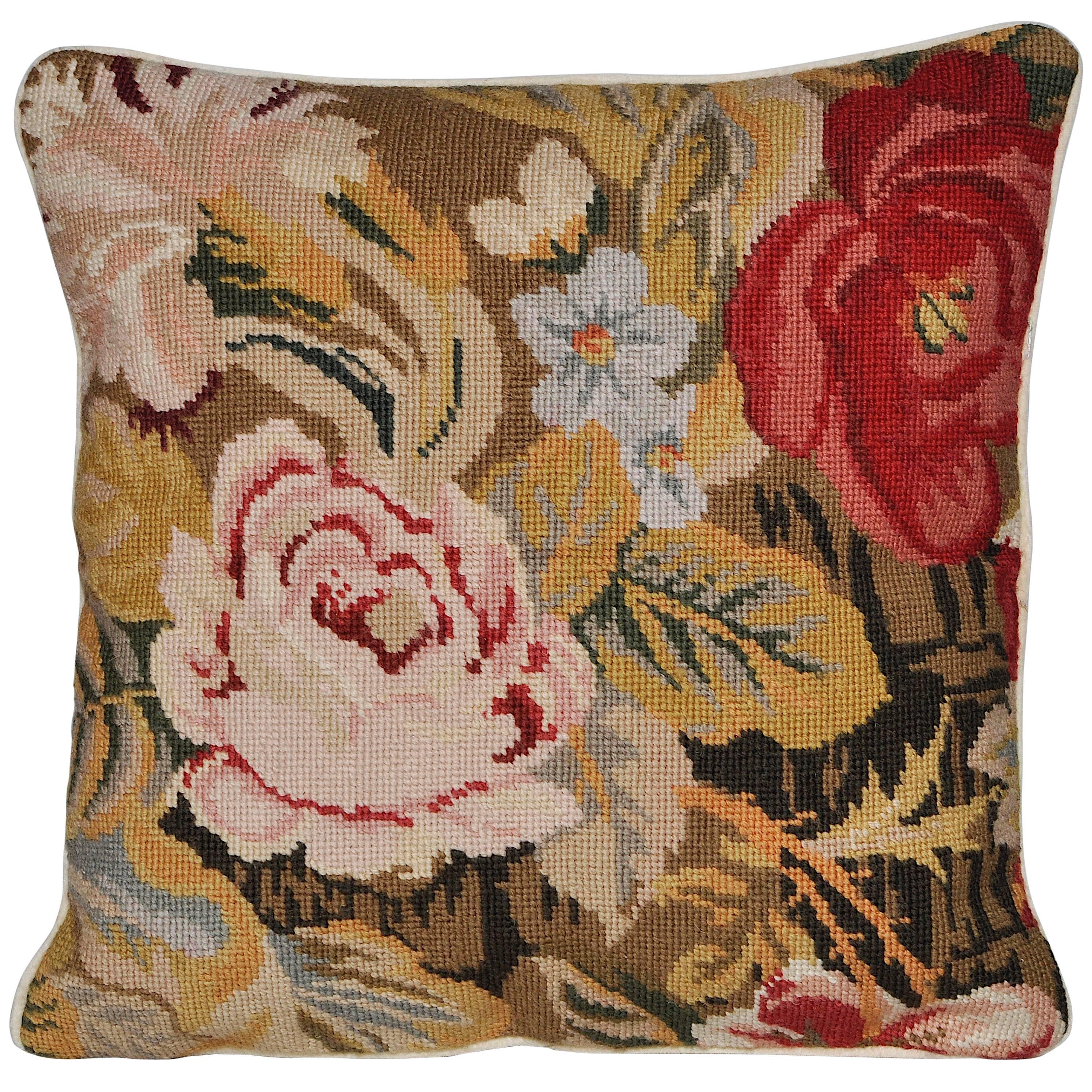 Antique Irish Hand-Stitched Needlepoint Cushion Pillow