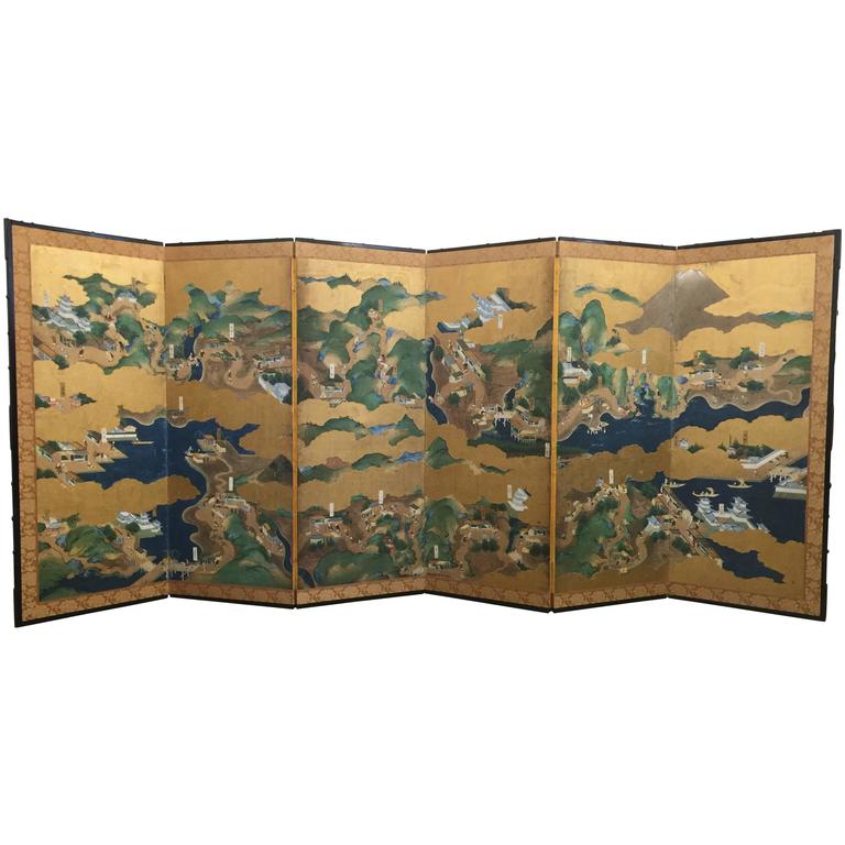 18th Century SixFold Japanese Screen "Tokaido" For Sale at 1stdibs