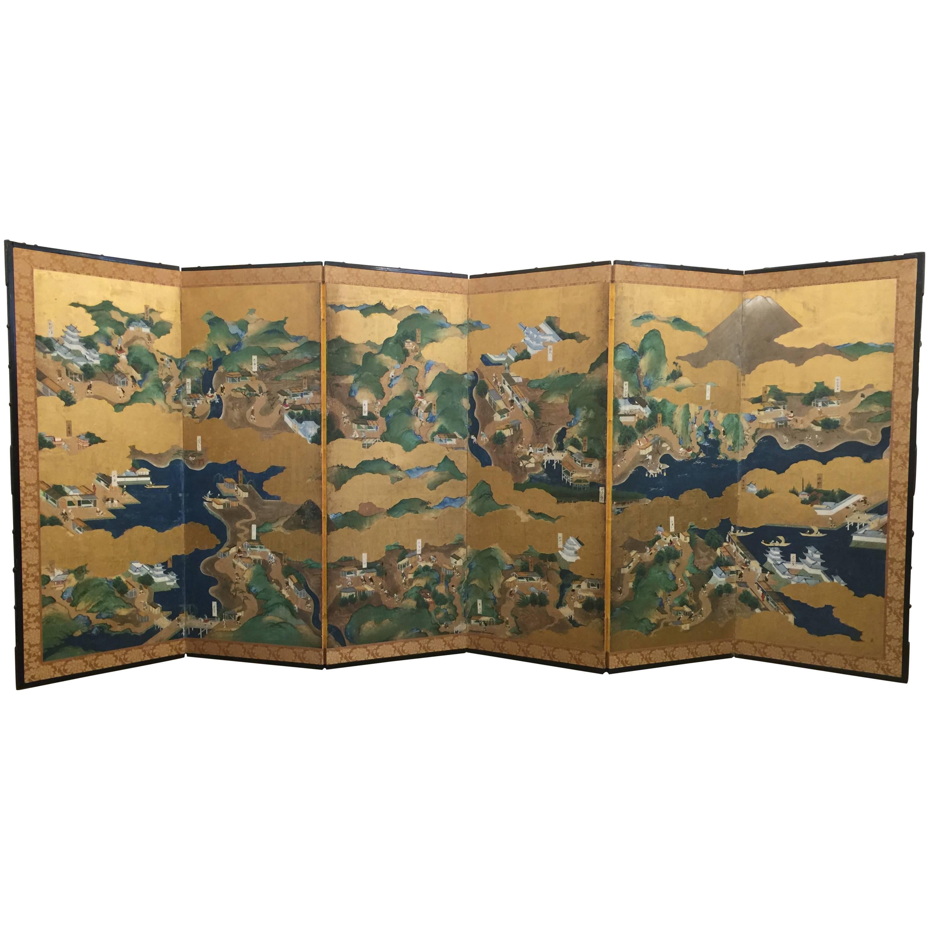 18th Century Six-Fold Japanese Screen "Tokaido" For Sale