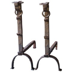Used 17th Century Large Gothic Bulls Head Firedogs, Andirons