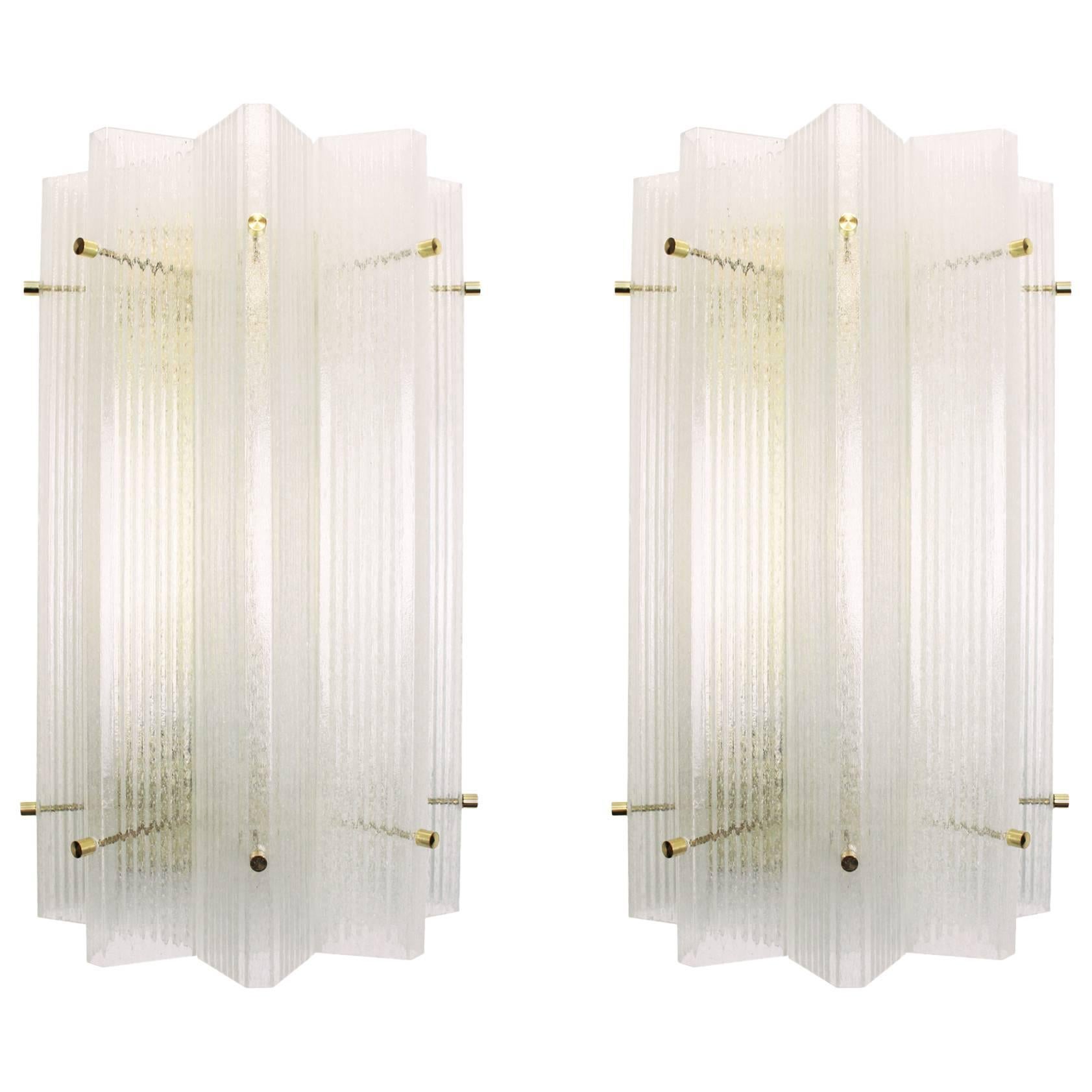 Huge Pair of Triangular Frosted Glass Wall Sconces by Limburg, Germany, 1960s