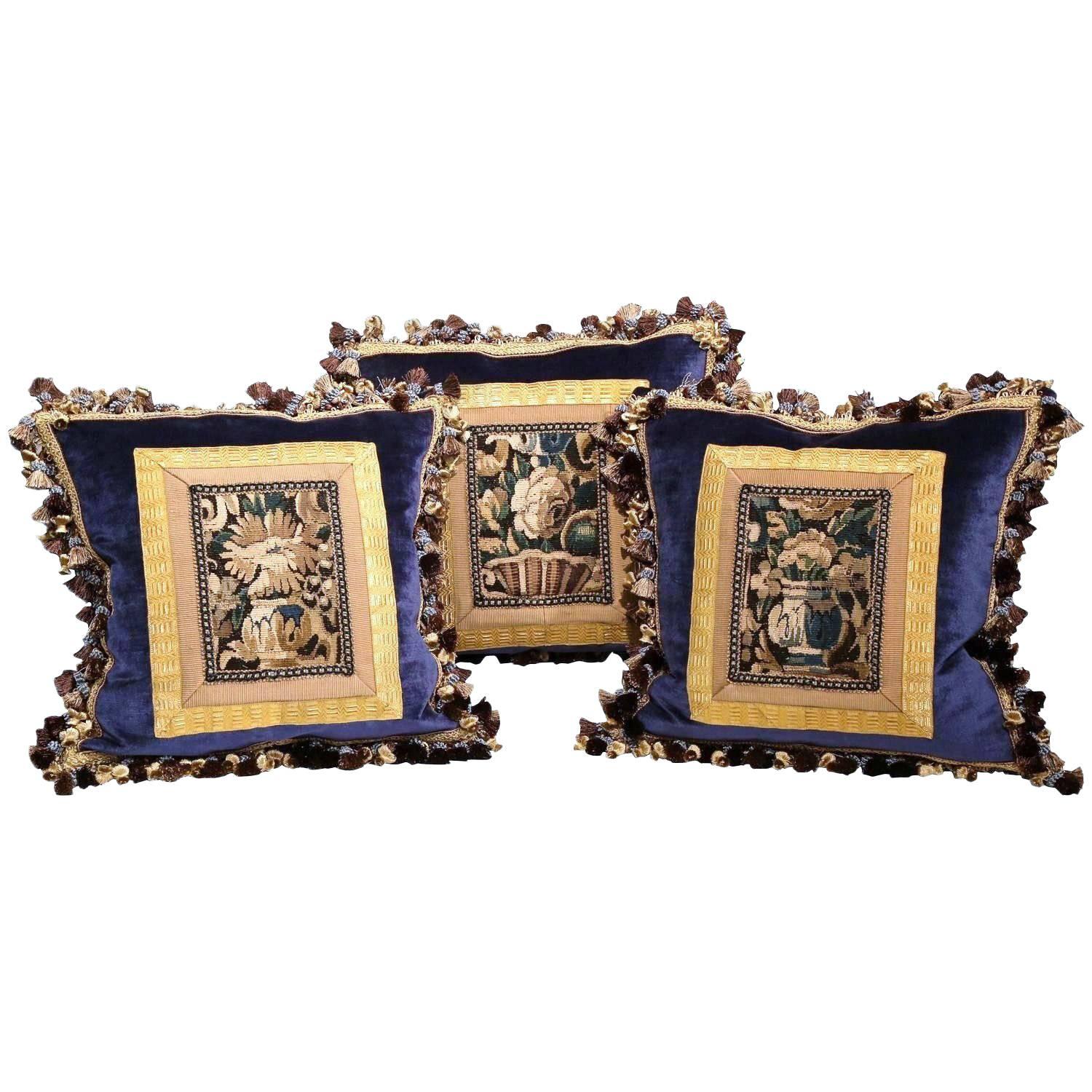 Set of Three Handmade Pillows with Aubusson Tapestry and Antique Trims