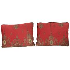 Pair of Antique Turkish Ottoman Silk Pillows with Metallic Threads 5