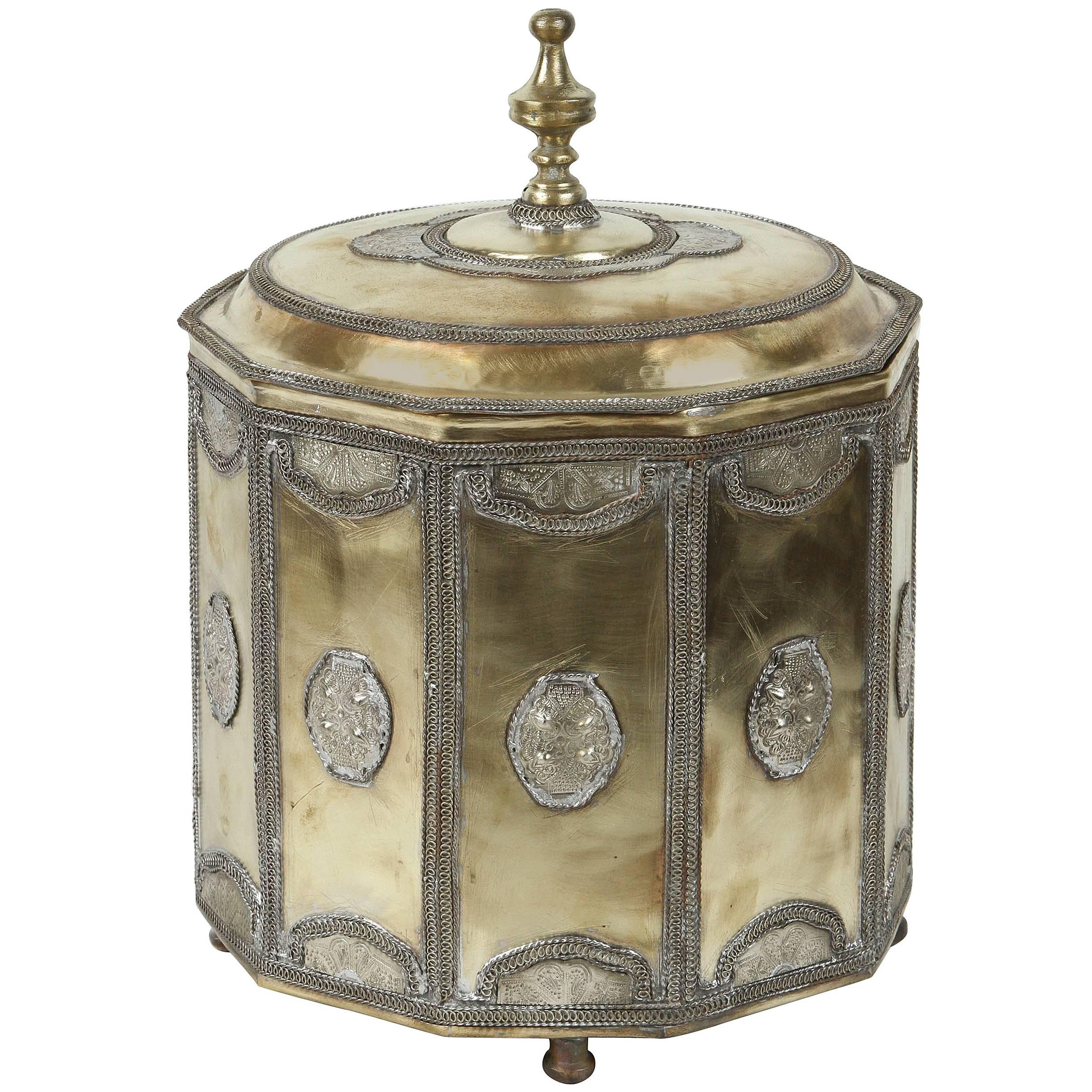 Large Brass Moroccan Cookie Jar with Silver Filigree Designs