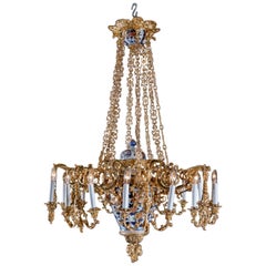 Antique Bronze and Imari Porcelain Chandelier Covered in Gold