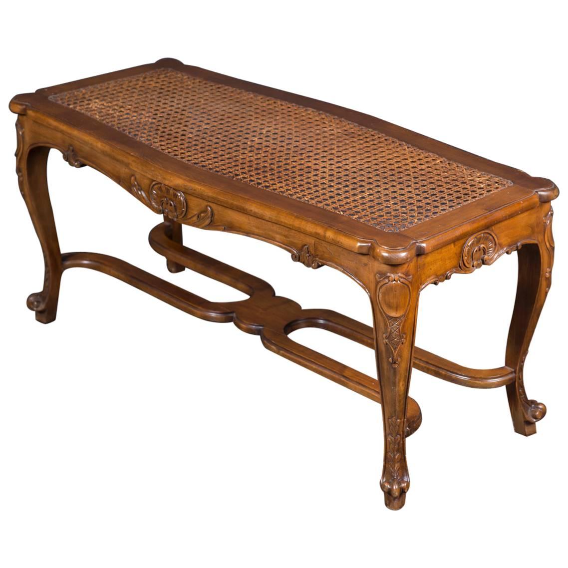 Louis XV Style Walnut Caned Bench, French Mid 20th Century 