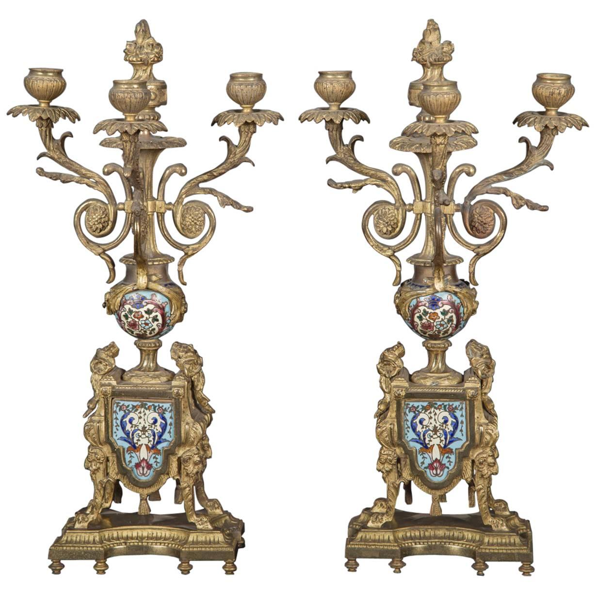 French 19th Century Bronze and Champleve Candelabras  For Sale