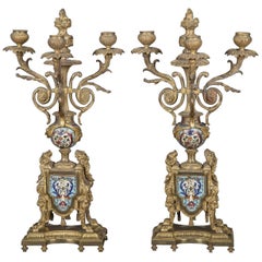 French 19th Century Bronze and Champleve Candelabras 