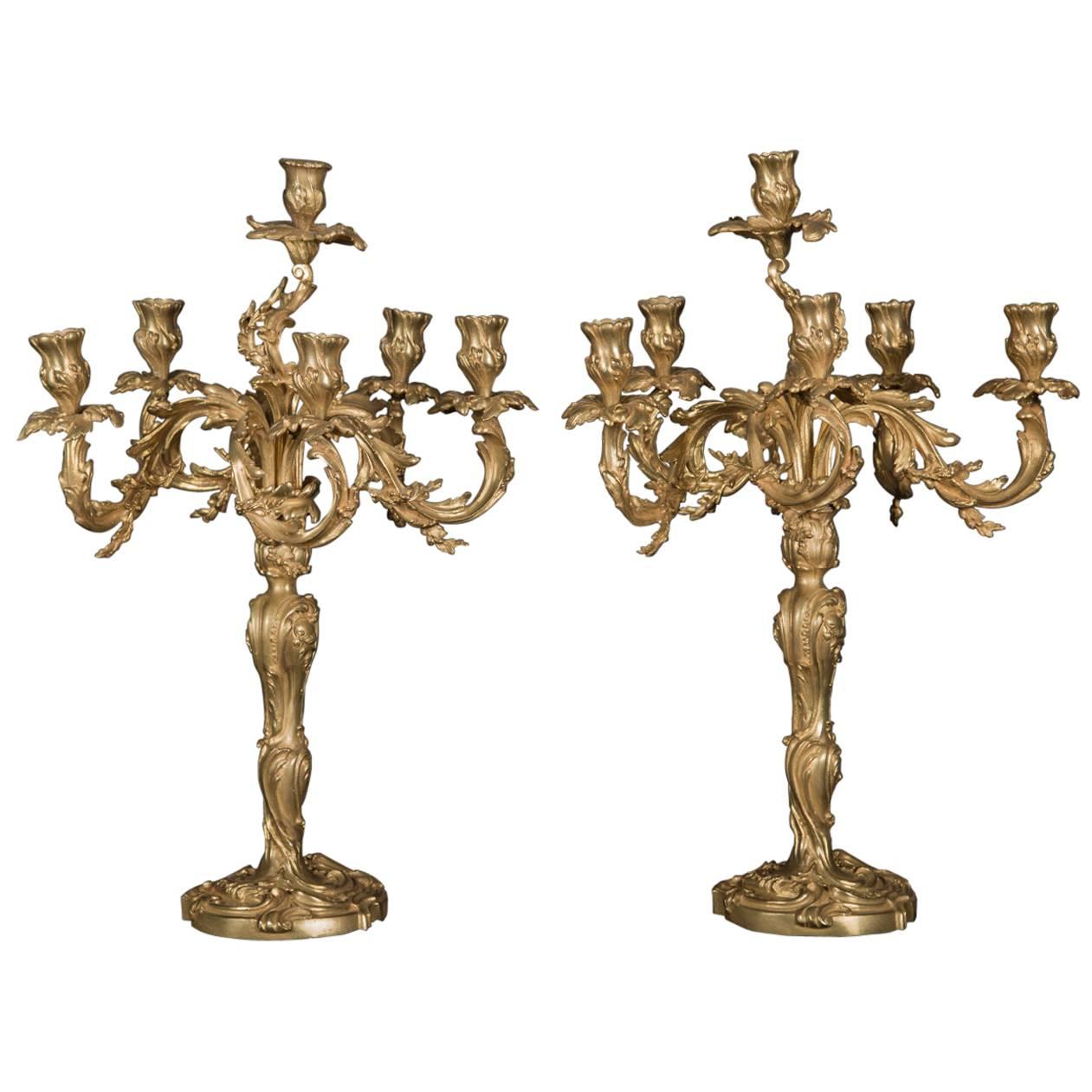 Pair of French 19th Century Bronze d’Oré Candlelabra For Sale