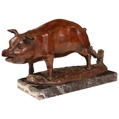 Mid-20th Century French Bronze Pig on Gray Marble Base