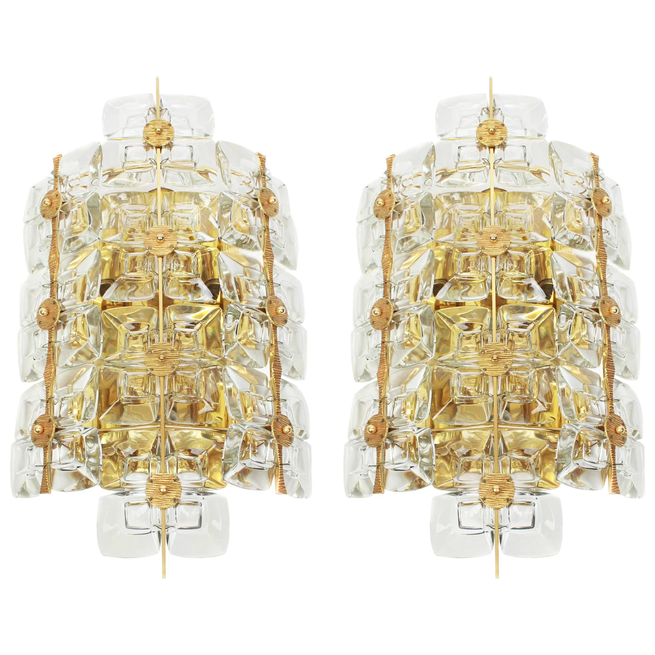 Large Pair of Golden Gilded Brass and Crystal Sconces by Palwa, Germany, 1960s