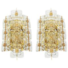 Large Pair of Golden Gilded Brass and Crystal Sconces by Palwa, Germany, 1960s 10