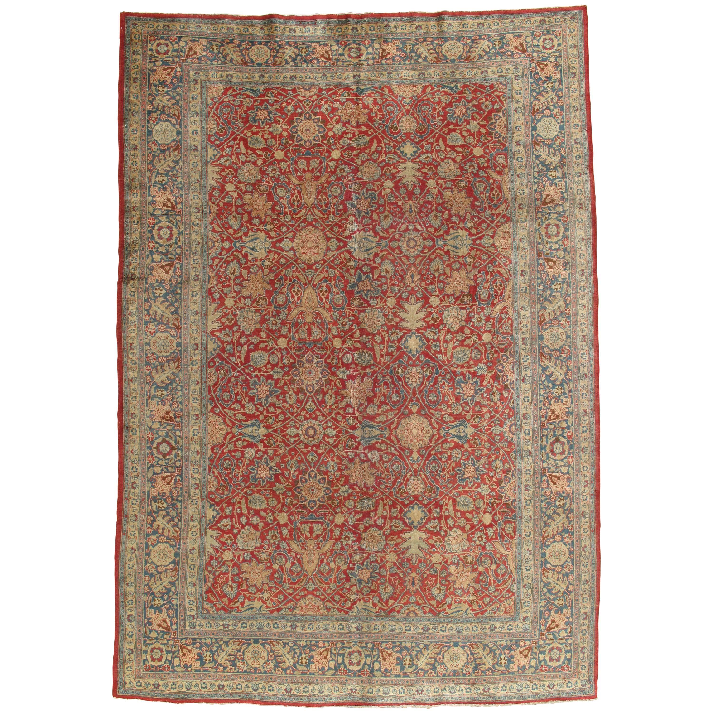 Antiker antiker Täbriz-Teppich, feiner orientalischer Teppich, handgefertigt, rot, königsblauer Perserteppich