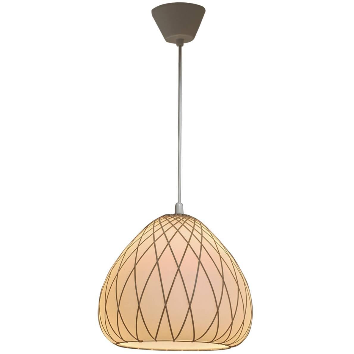 Opaline Glass and Rattan Pendant, Finland, 1950s
