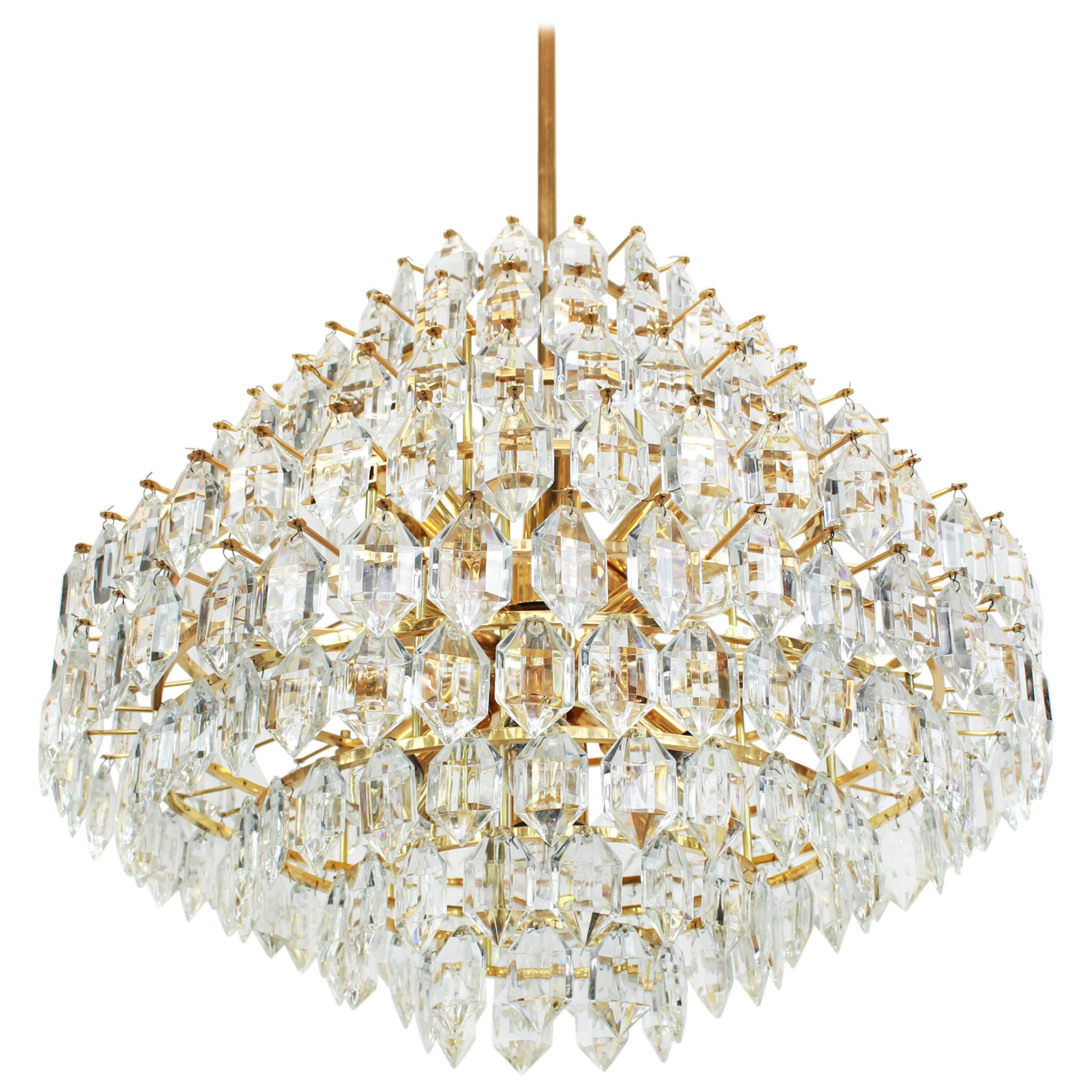 Stunning Huge Bakalowits Chandelier, Brass and Crystal Glass, Austria, 1960s