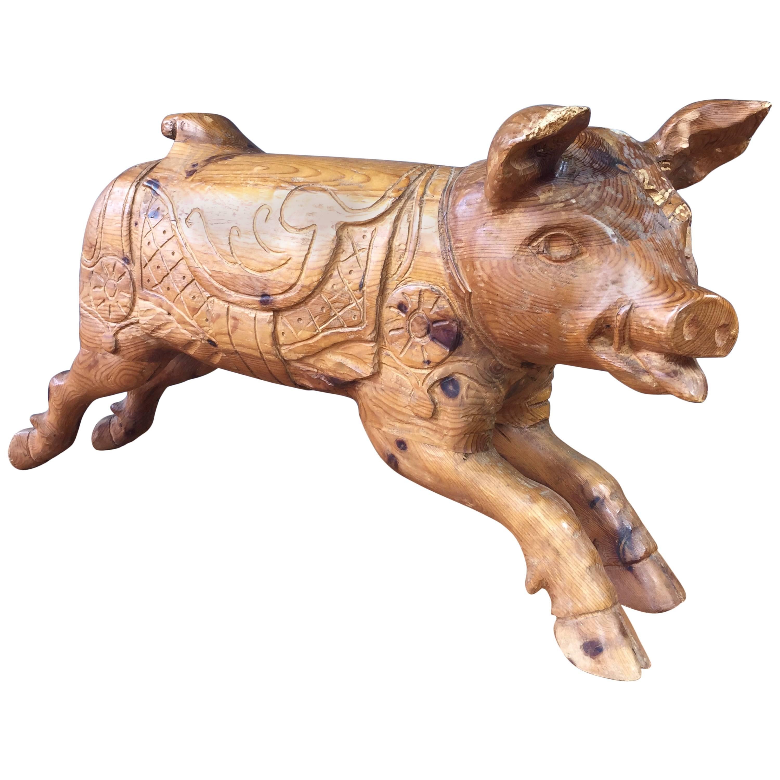 Lifesize Carved Wood Carousel Pig Sculpture