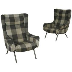 Two Armchairs Adjustable Headrest Foam Fabric Metal Vintage, Italy, 1950s