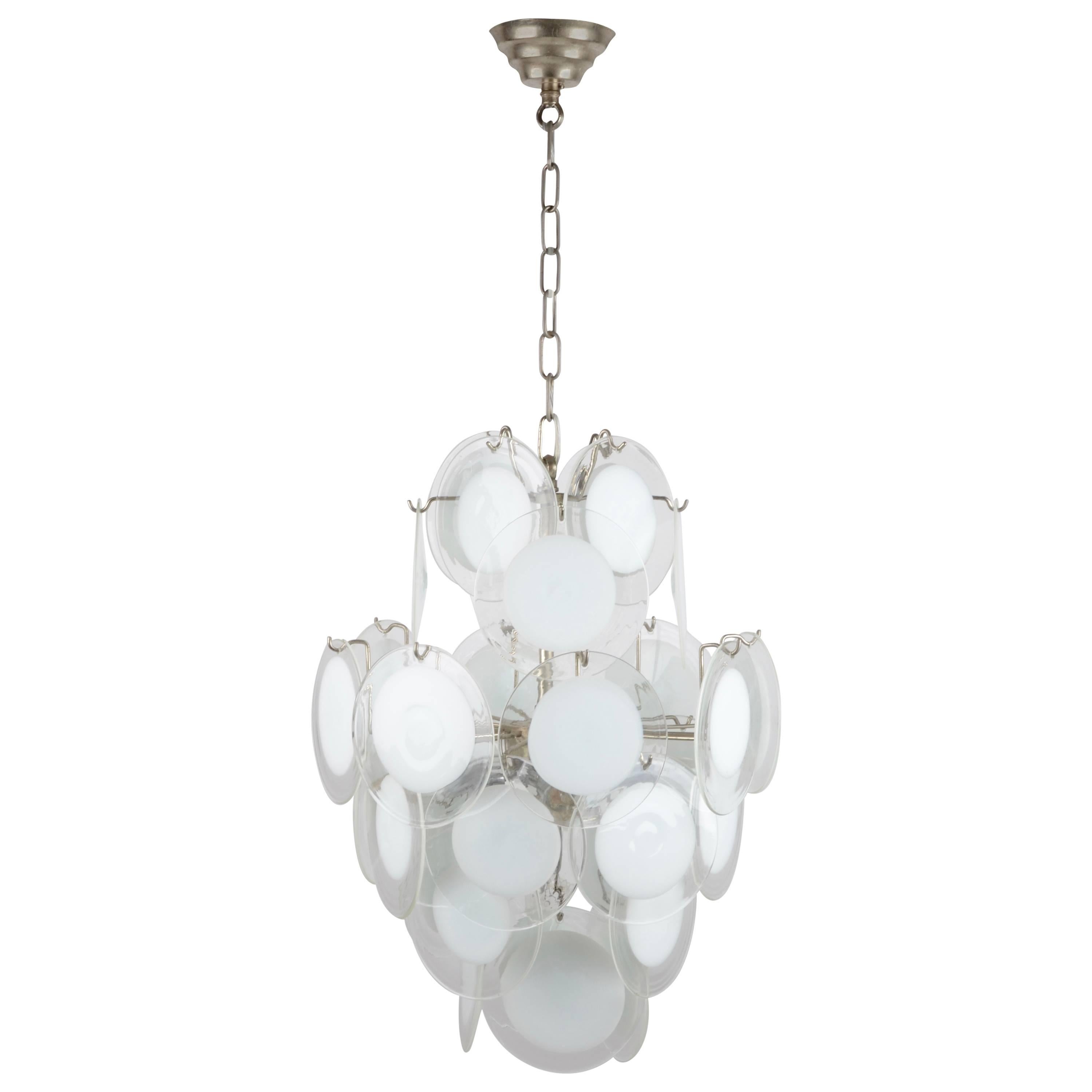 Vistosi, Clear and White Glass Disc Chandelier, Italy, 1970s