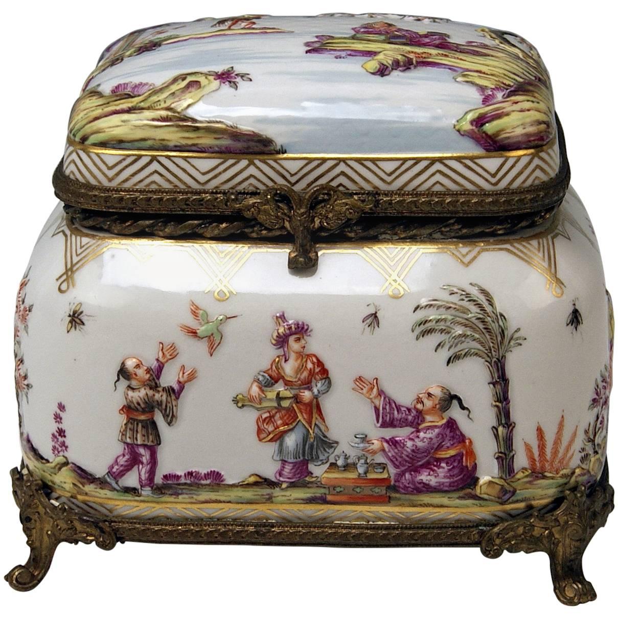 Meissen Painted Lidded Box Relief Decoration Chinoiserie Brass Mountings c.1850