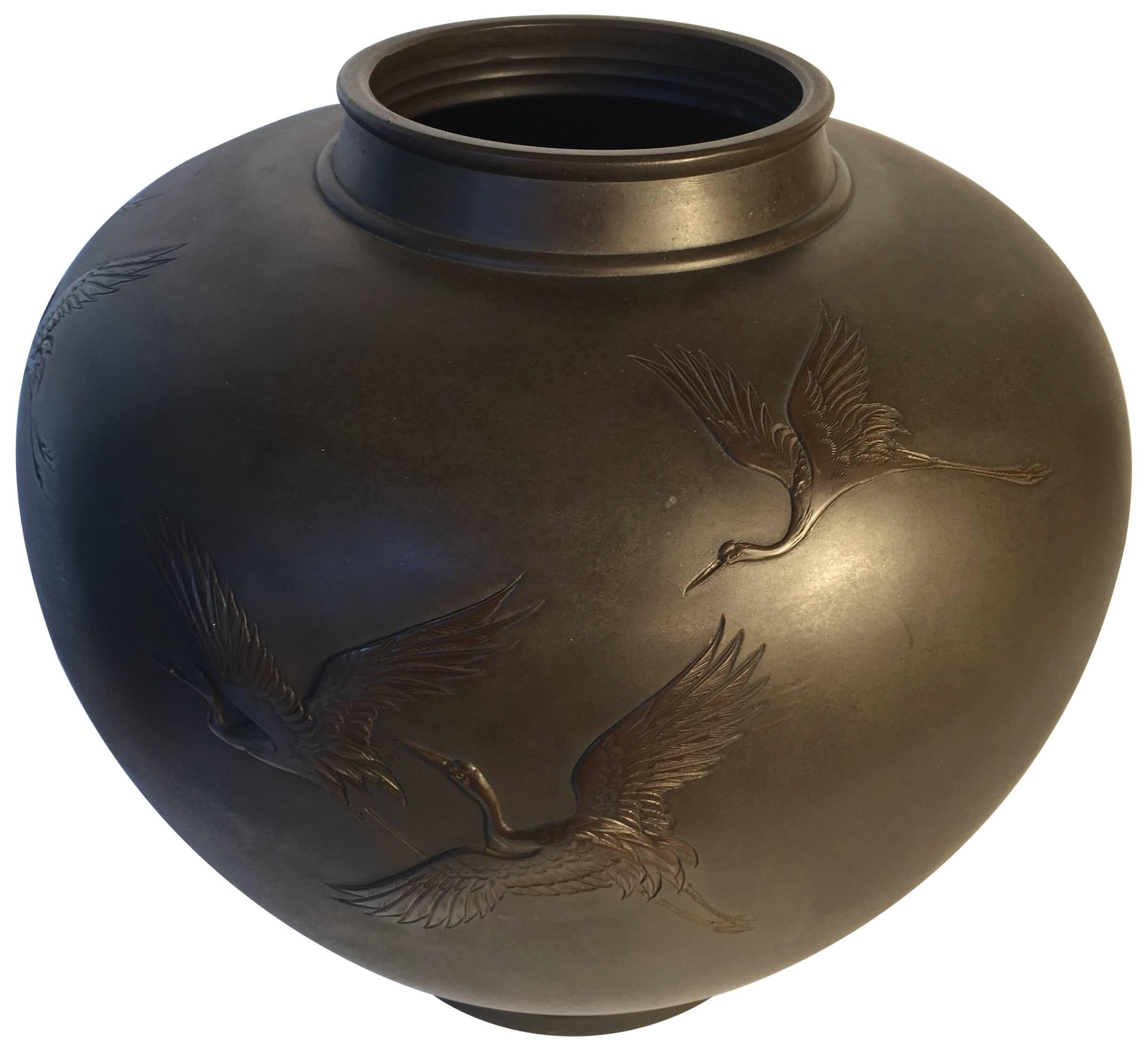 Japanese Monumental Antique Hand cast Bronze “Flying Cranes” Studio Vase