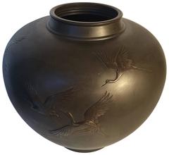 Japanese Monumental Vintage Hand cast Bronze “Flying Cranes” Studio Vase