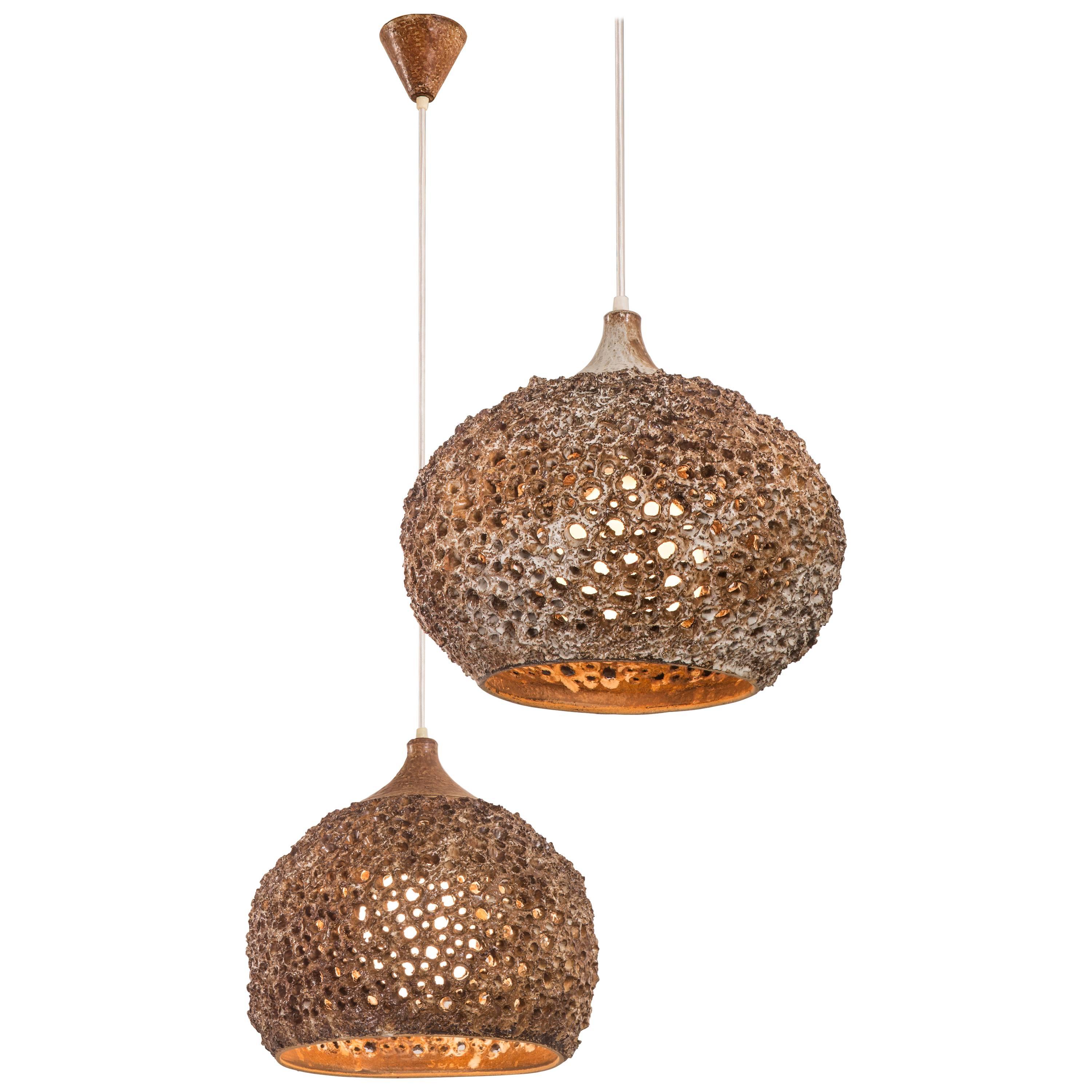 Sejer Keramikfabrik, Matched Pair of Danish Perforated Ceramic Chandeliers