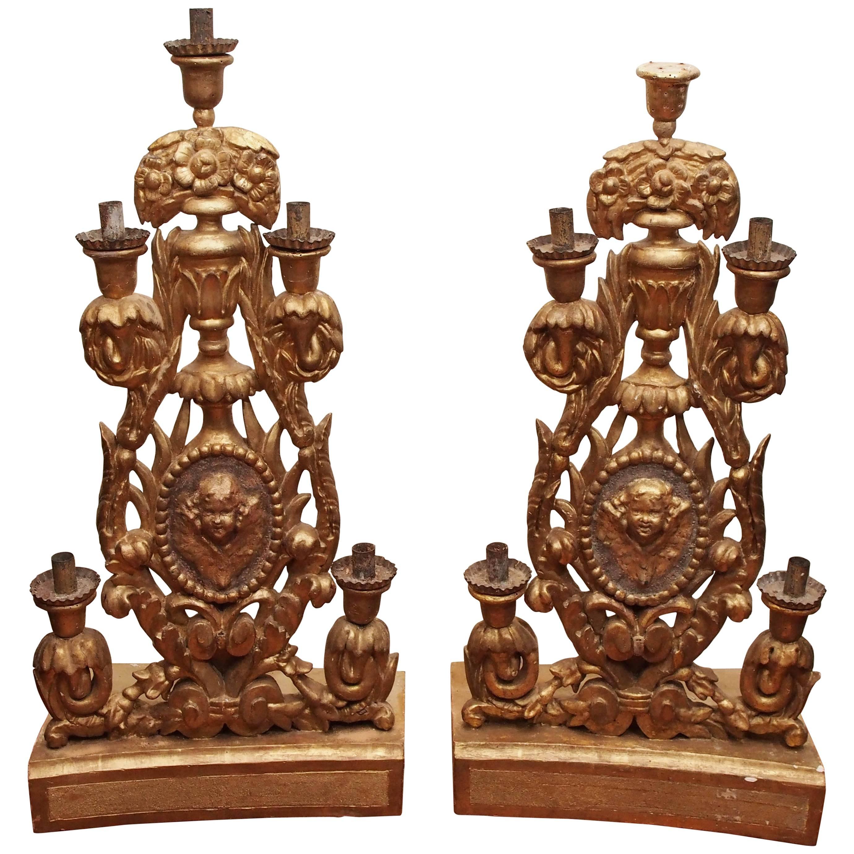 Pair of Italian Giltwood Altar Candlesticks For Sale
