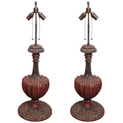 Pair of Carved Wood Vasiform Standards Now Wired as Lamps