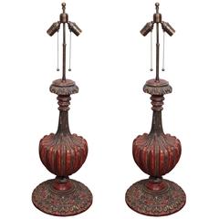 Pair of Carved Wood Vasiform Standards Now Wired as Lamps 3