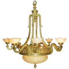 French Art Deco Gilt Bronze and Veined Alabaster Eight-Light Figural Chandelier 11