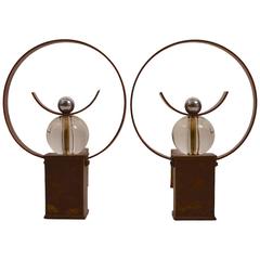 Art Deco Moderne Andirons Copper Glass and Iron
