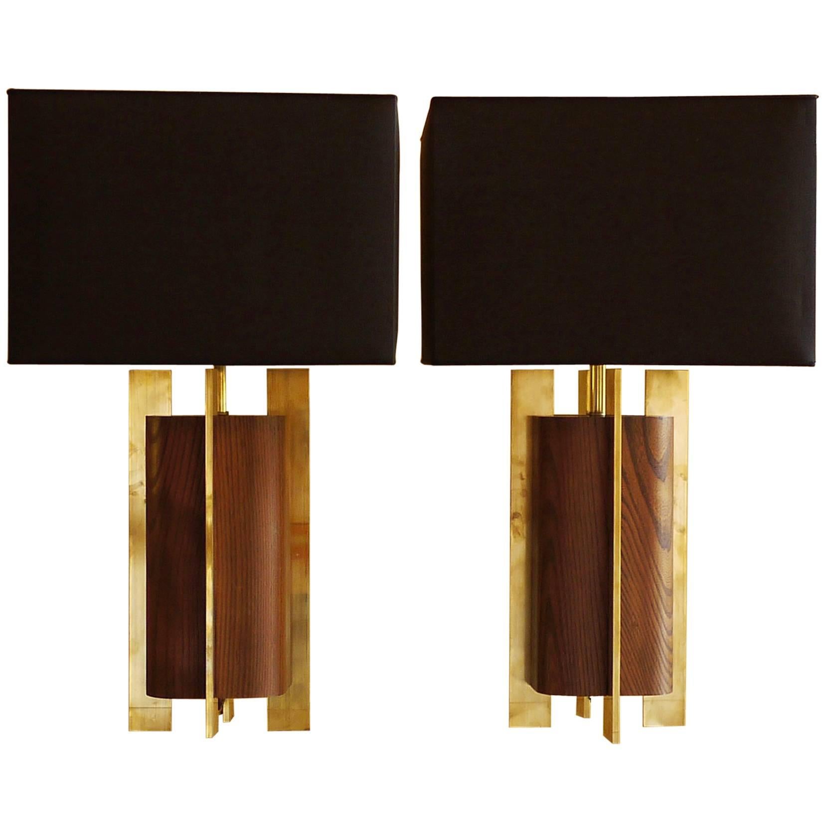 Late 20th Century Pair of Italian Brass & Brown Oak Table Lamps w/ Black Shades