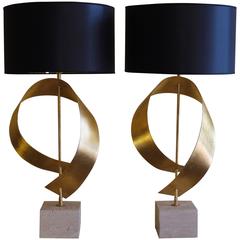 1970s Italian Travertine and Gold Leaf Table Lamps