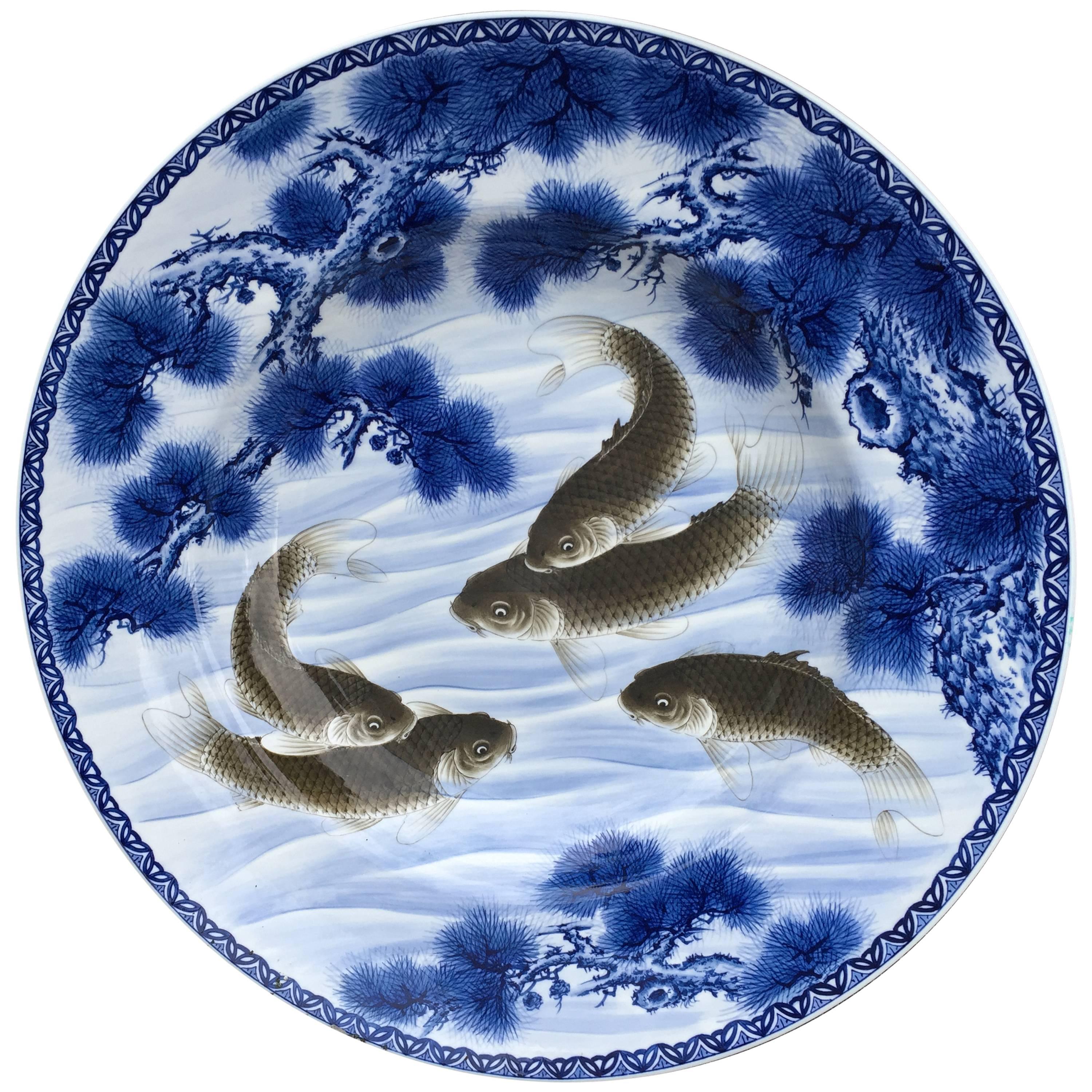 Japan Huge Ceramic "Swirling Koi" Hand-Painted Blue and White Bowl