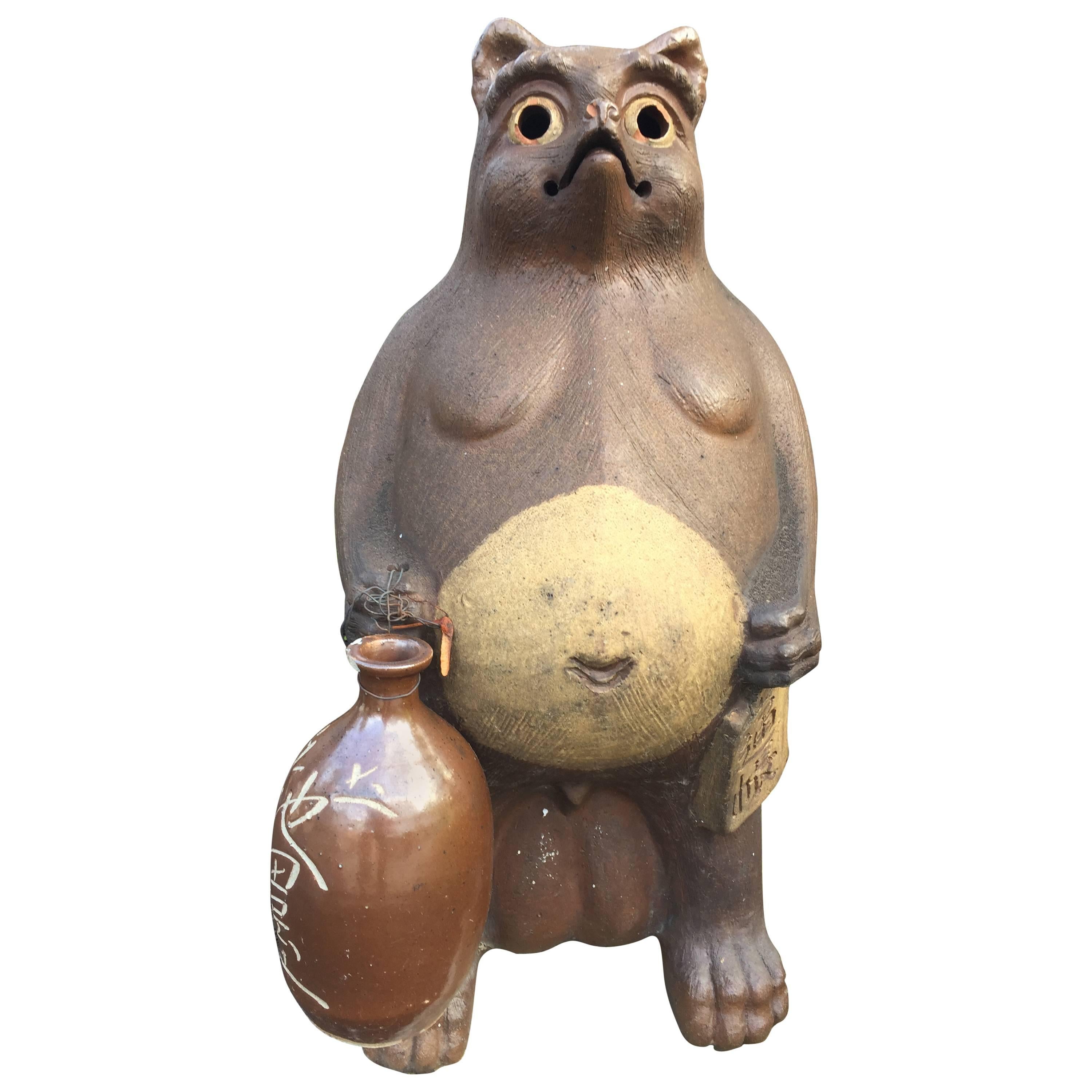 Old Japan Large Folkart Hero Tanuki Raccoon Dog Garden Sculpture
