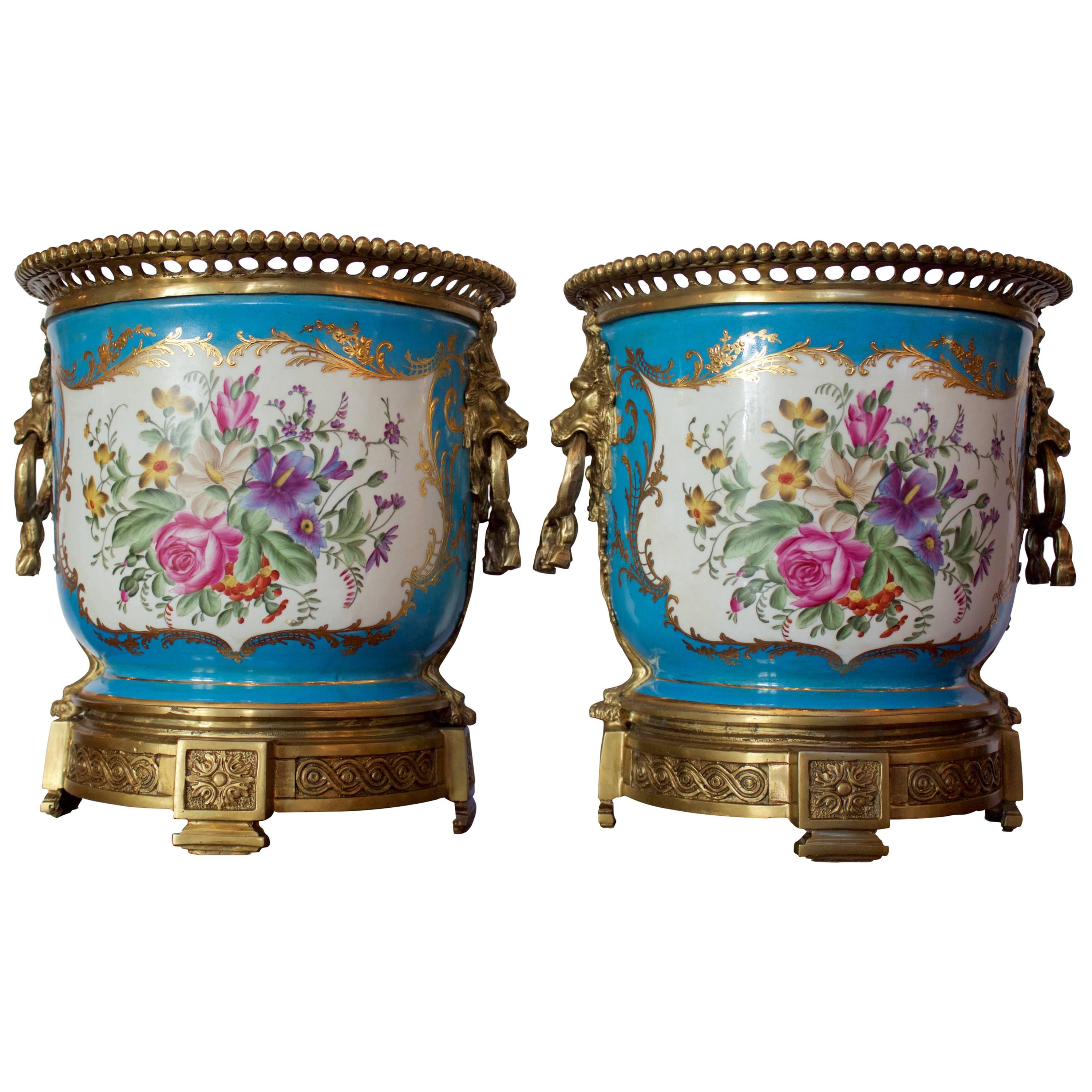 Sevres Style Bronze-Mounted Porcelain "Cache-Pots"